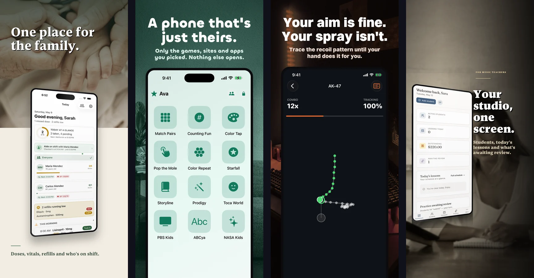 App Store screenshots for Elderoak, Reef, SprayTrace and Note and Key